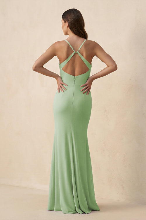 Cami Strap Sheath Chiffon Bridesmaid Dress with Slit in Sage - SHE IS ME Bridesmaid Dresses