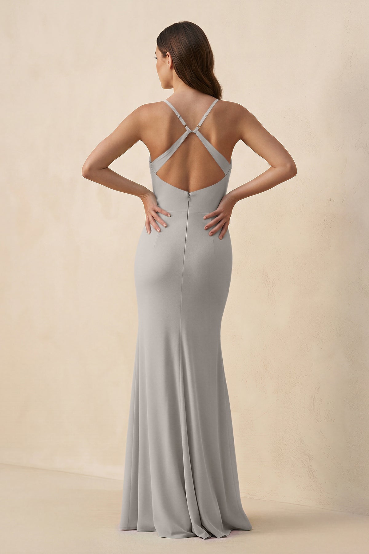 Cami Strap Sheath Chiffon Bridesmaid Dress with Slit in Silver - SHE IS ME Bridesmaid Dresses