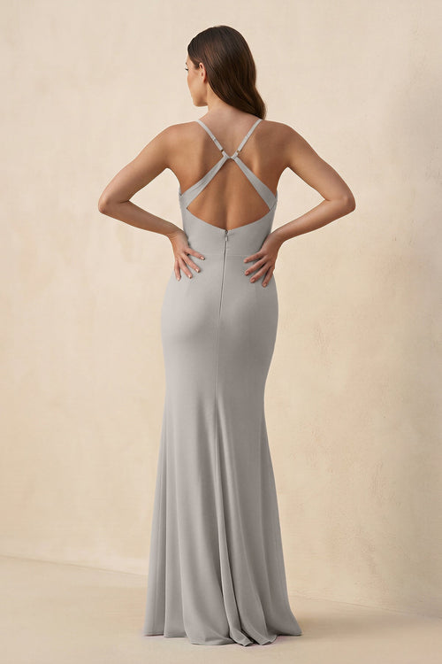 Cami Strap Sheath Chiffon Bridesmaid Dress with Slit in Silver - SHE IS ME Bridesmaid Dresses