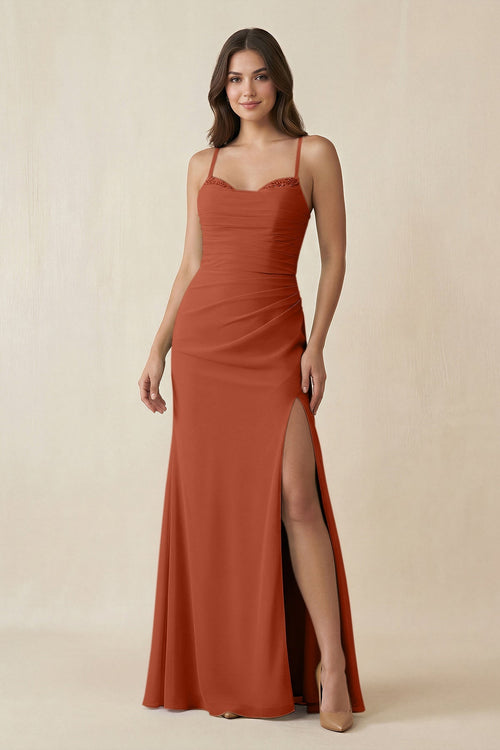 Cami Strap Sheath Chiffon Bridesmaid Dress with Slit in Spice - SHE IS ME Bridesmaid Dresses