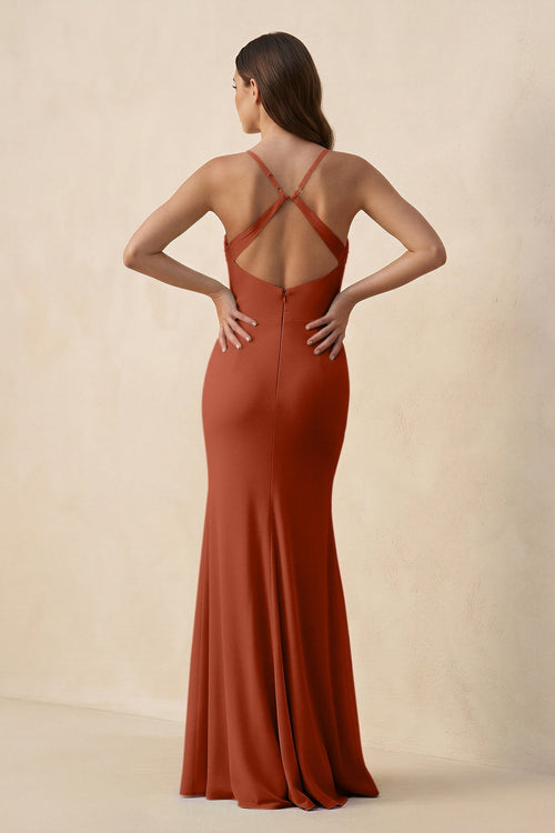Cami Strap Sheath Chiffon Bridesmaid Dress with Slit in Spice - SHE IS ME Bridesmaid Dresses