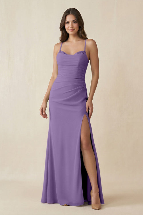 Cami Strap Sheath Chiffon Bridesmaid Dress with Slit in Tahiti - SHE IS ME Bridesmaid Dresses
