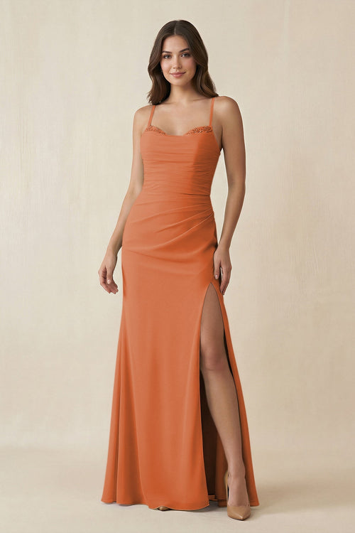 Cami Strap Sheath Chiffon Bridesmaid Dress with Slit in Terracotta - SHE IS ME Bridesmaid Dresses