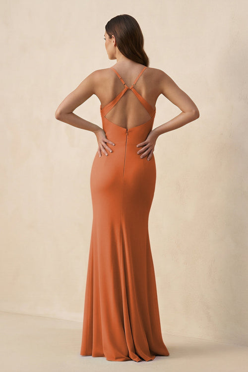 Cami Strap Sheath Chiffon Bridesmaid Dress with Slit in Terracotta - SHE IS ME Bridesmaid Dresses