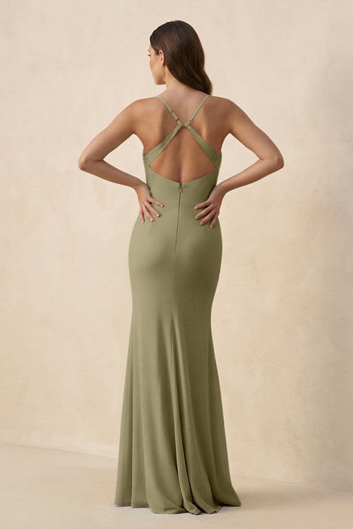 Cami Strap Sheath Chiffon Bridesmaid Dress with Slit in Thyme - SHE IS ME Bridesmaid Dresses
