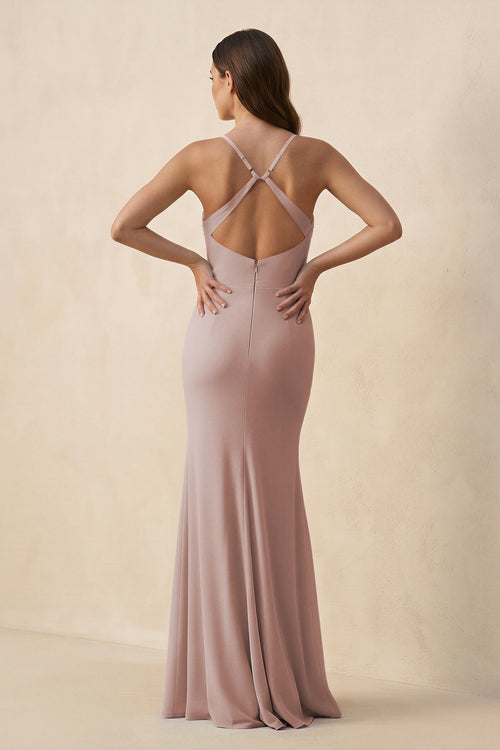 Cami Strap Sheath Chiffon Bridesmaid Dress with Slit in Toffee - SHE IS ME Bridesmaid Dresses
