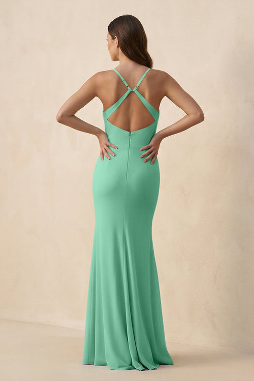Cami Strap Sheath Chiffon Bridesmaid Dress with Slit in Turquoise - SHE IS ME Bridesmaid Dresses