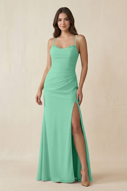 Cami Strap Sheath Chiffon Bridesmaid Dress with Slit in Turquoise - SHE IS ME Bridesmaid Dresses