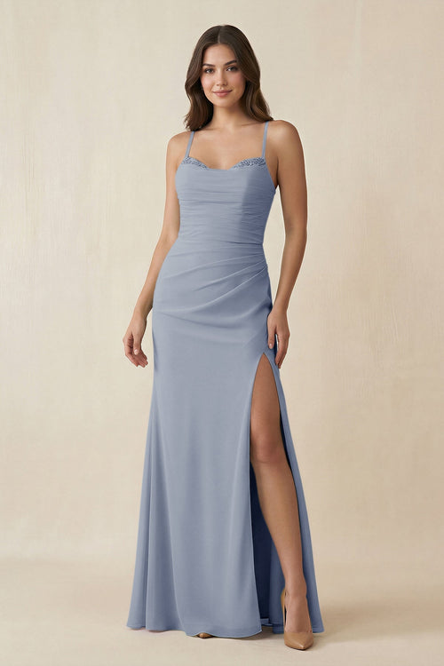 Cami Strap Sheath Chiffon Bridesmaid Dress with Slit in Twilight - SHE IS ME Bridesmaid Dresses