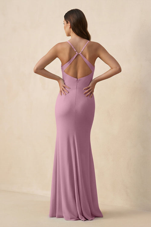 Cami Strap Sheath Chiffon Bridesmaid Dress with Slit in Vintage Mauve - SHE IS ME Bridesmaid Dresses