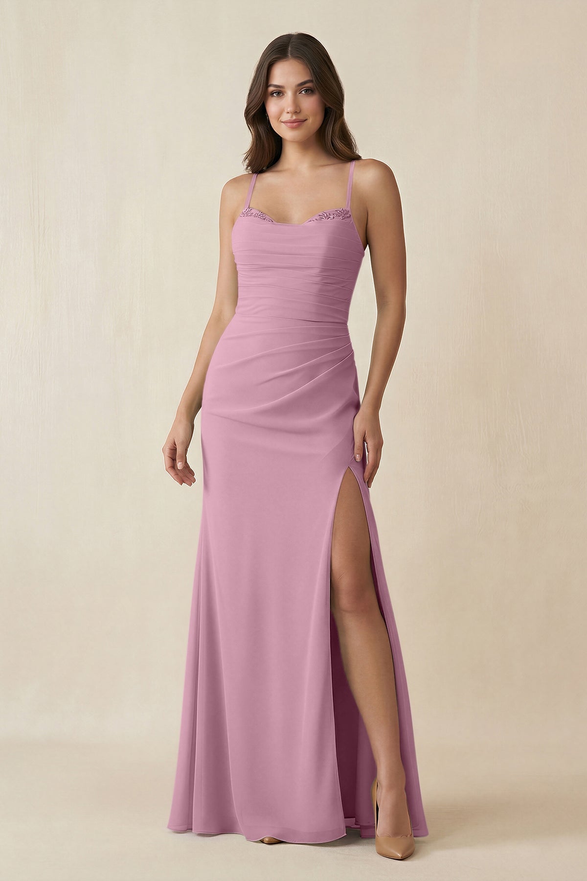 Cami Strap Sheath Chiffon Bridesmaid Dress with Slit in Vintage Mauve - SHE IS ME Bridesmaid Dresses