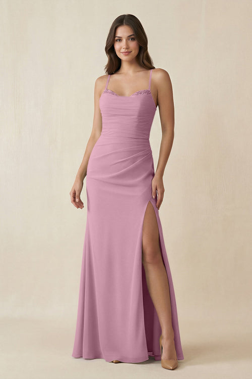 Cami Strap Sheath Chiffon Bridesmaid Dress with Slit in Vintage Mauve - SHE IS ME Bridesmaid Dresses