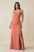 Cami Strap Sheath Chiffon Bridesmaid Dress with Slit in Wild Rose - SHE IS ME Bridesmaid Dresses