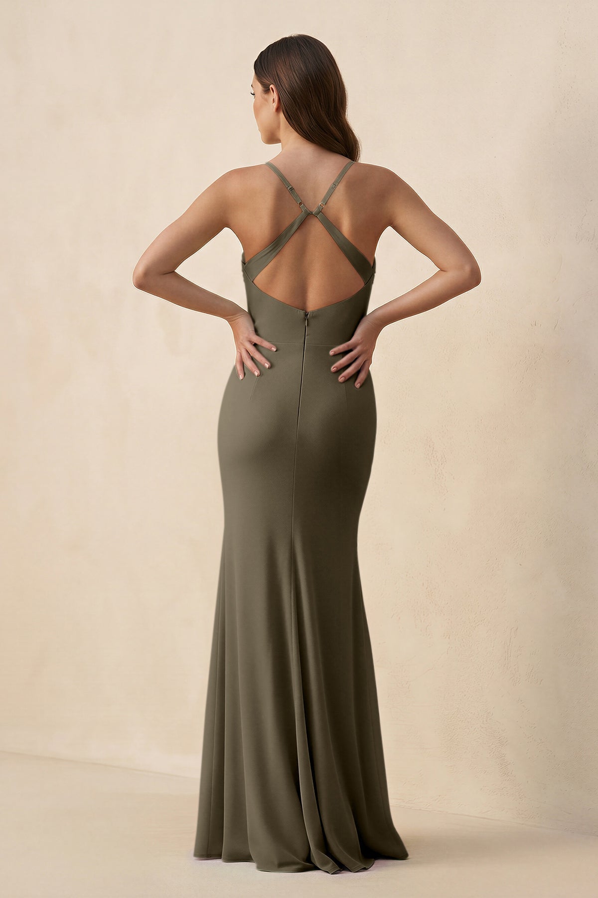 Cami Strap Sheath Chiffon Bridesmaid Dress with Slit in Willow Green - SHE IS ME Bridesmaid Dresses