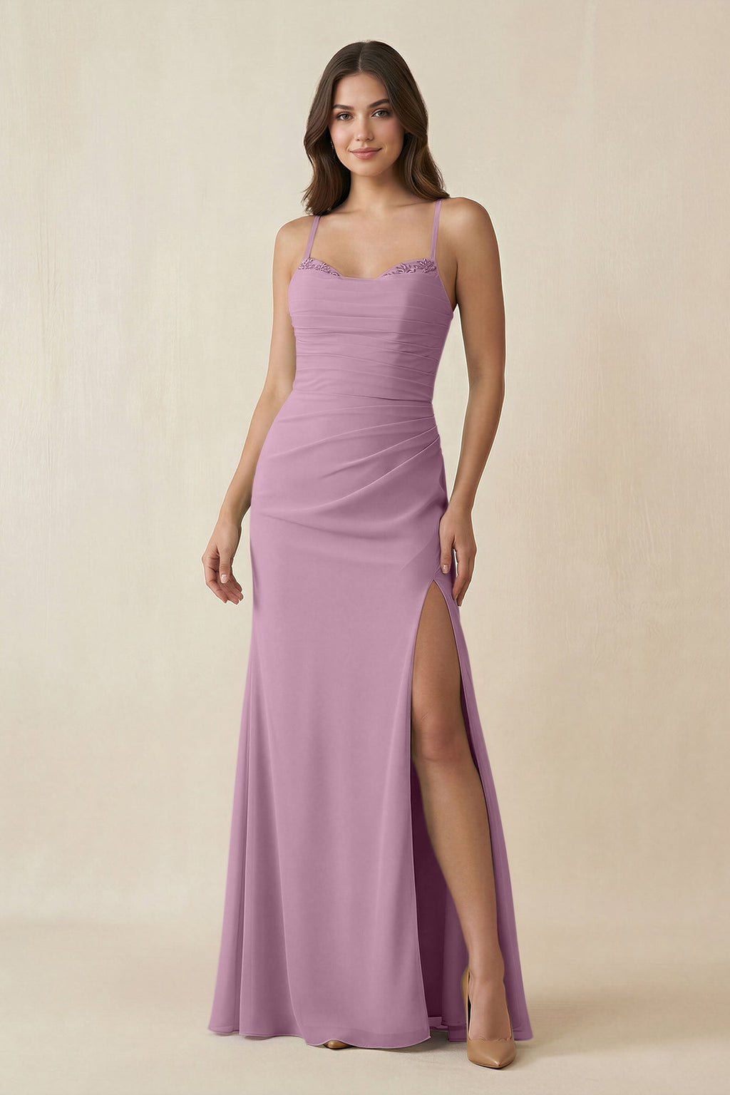 Cami Strap Sheath Chiffon Bridesmaid Dress with Slit in Wisteria - SHE IS ME Bridesmaid Dresses