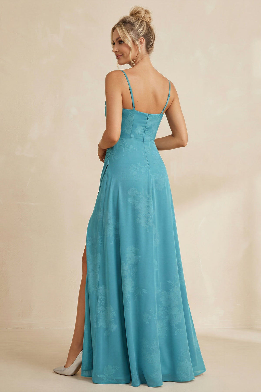 Cami Strap Sheath Floral Chiffon Bridesmaid Dress With Slit in Adriatic Blue - SHE IS ME Bridesmaid Dresses