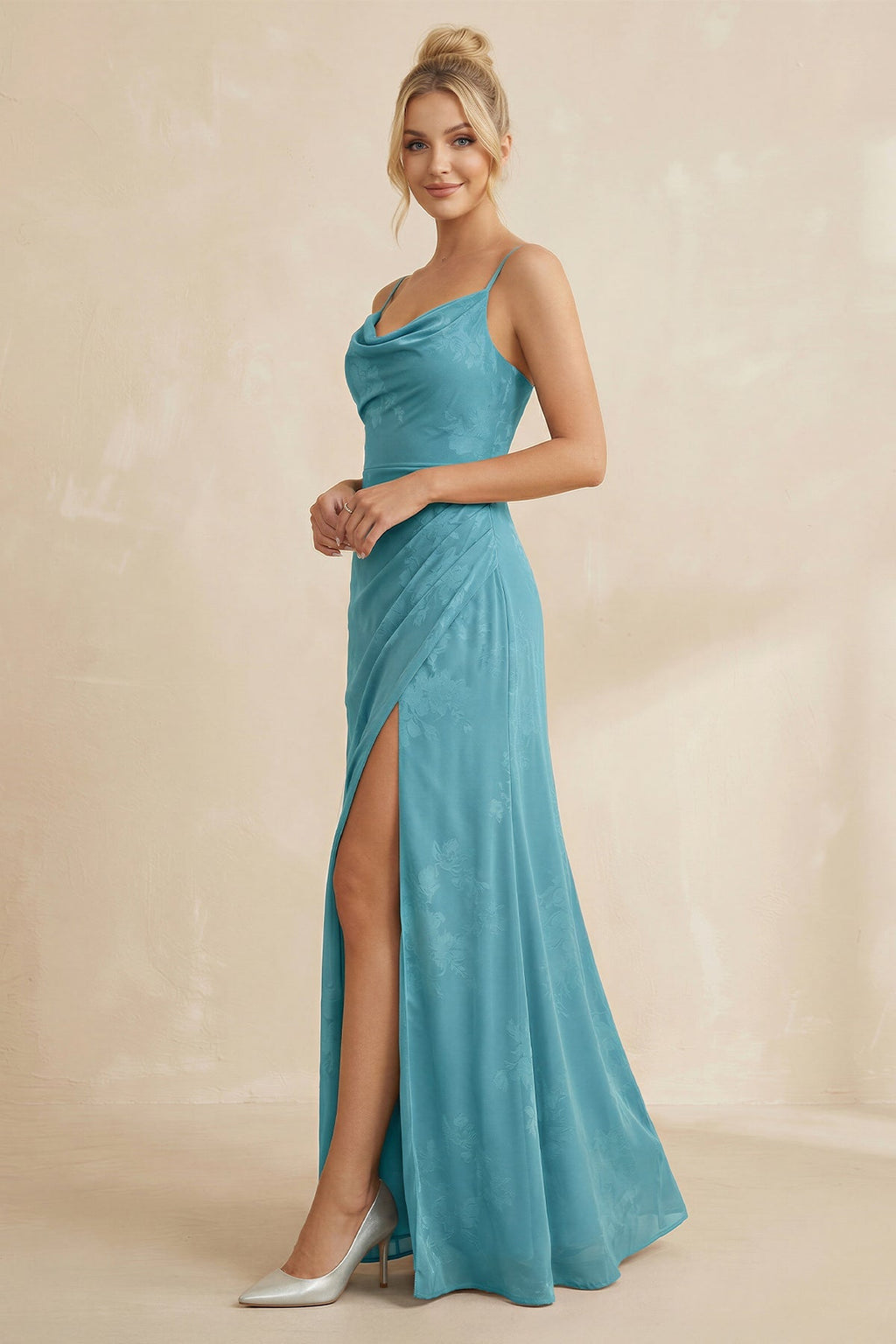 Cami Strap Sheath Floral Chiffon Bridesmaid Dress With Slit in Adriatic Blue - SHE IS ME Bridesmaid Dresses