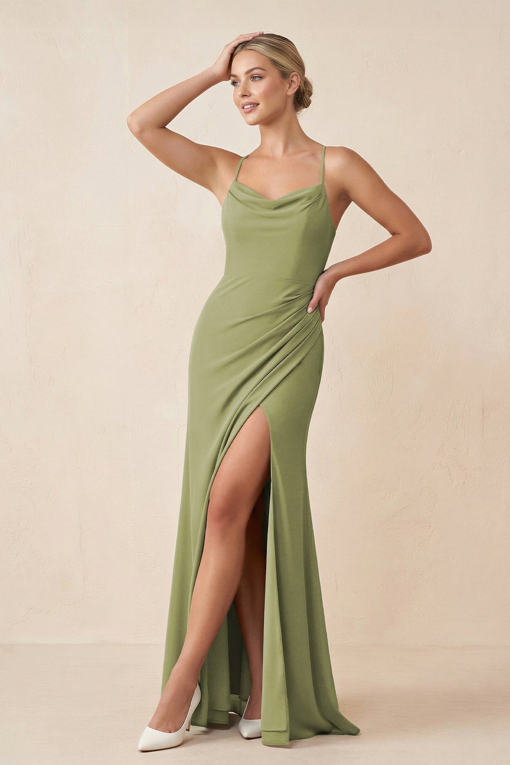 Cami Strap Sheath Ruched Bridesmaid Dress With Slit - SHE IS ME Bridesmaid Dresses