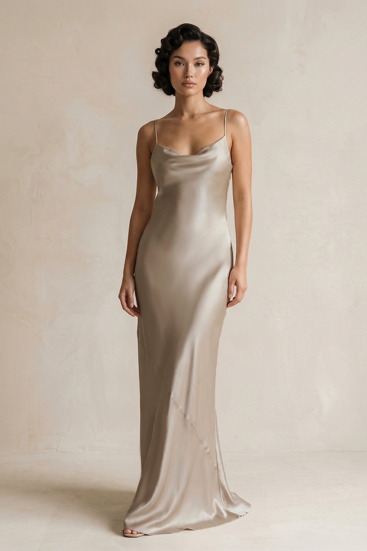 Cami Strap Sheath Satin Bridesmaid Dress in Almond - SHE IS ME Bridesmaid Dresses