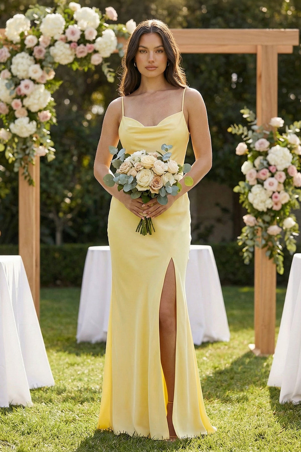 Cami Strap Sheath Satin Bridesmaid Dress With Slit in Pastel Yellow - SHE IS ME Bridesmaid Dresses