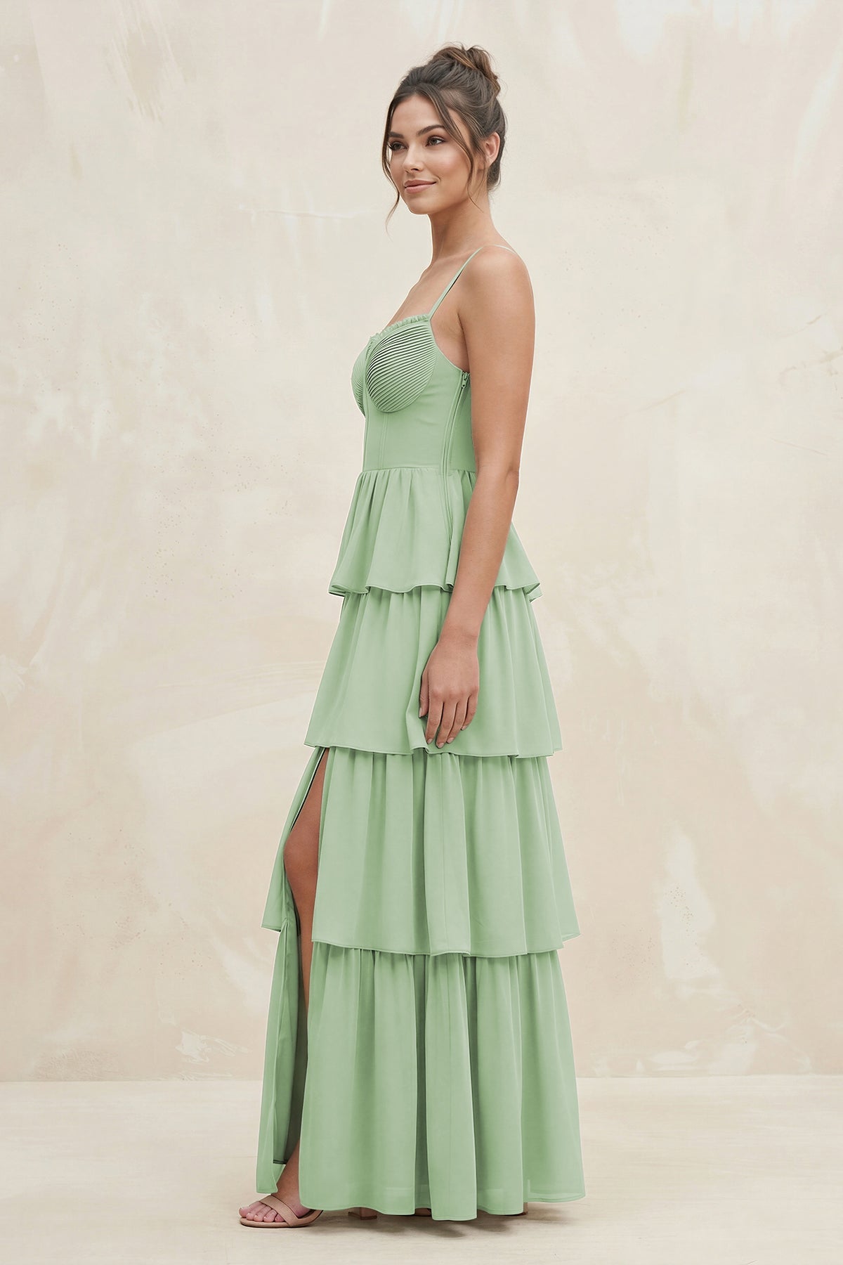 Cami Strap Tiered A-Line Chiffon Bridesmaid Dress in Sage - SHE IS ME BRIDESMAID DRESSES