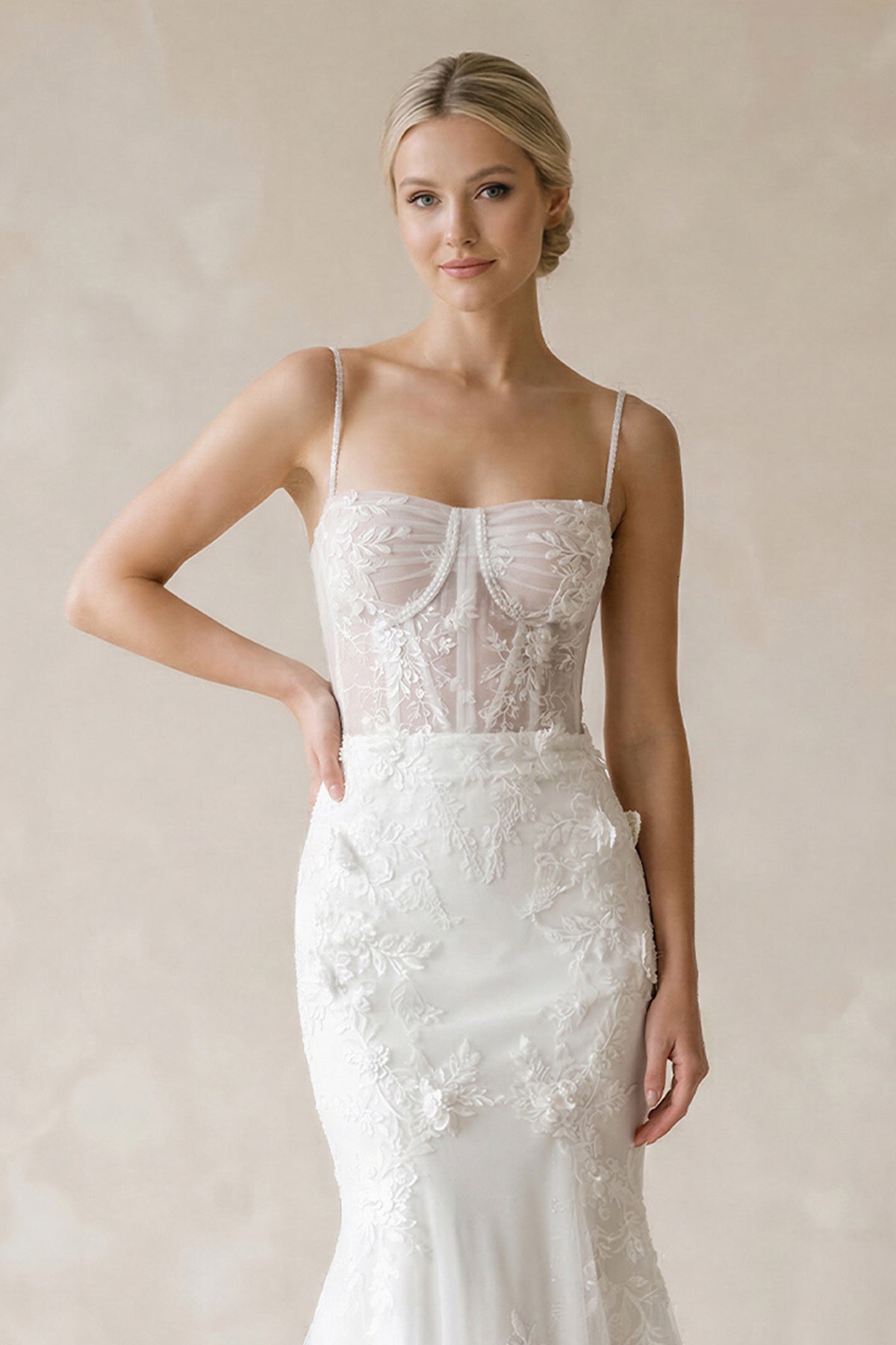 Cami Straps Mermaid Tulle Appliqued Wedding Dress in White - SHE IS ME Wedding Dresses