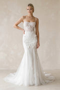 Cami Straps Mermaid Tulle Appliqued Wedding Dress in White - SHE IS ME Wedding Dresses