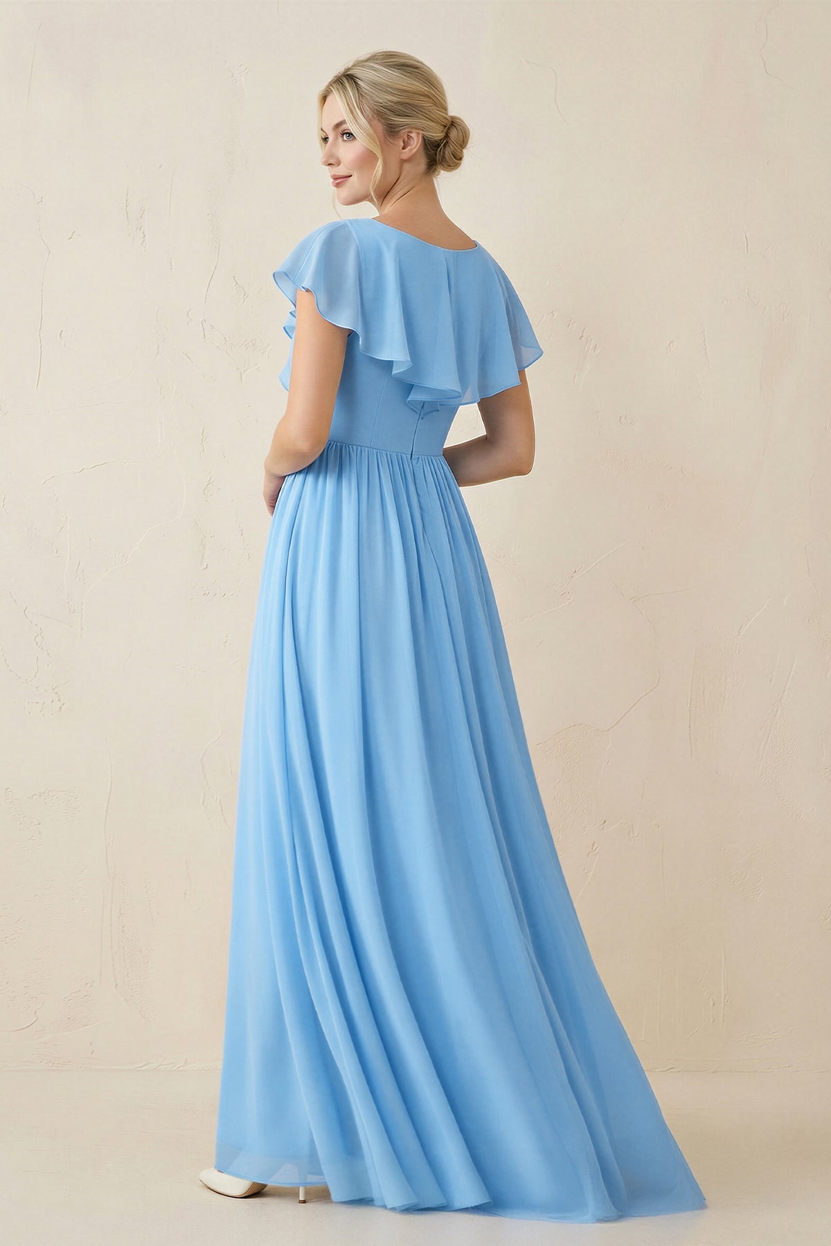 Cap Sleeve A-Line Ruffled Chiffon Bridesmaid Dress in Steel Blue - SHE IS ME BRIDESMAID DRESSES