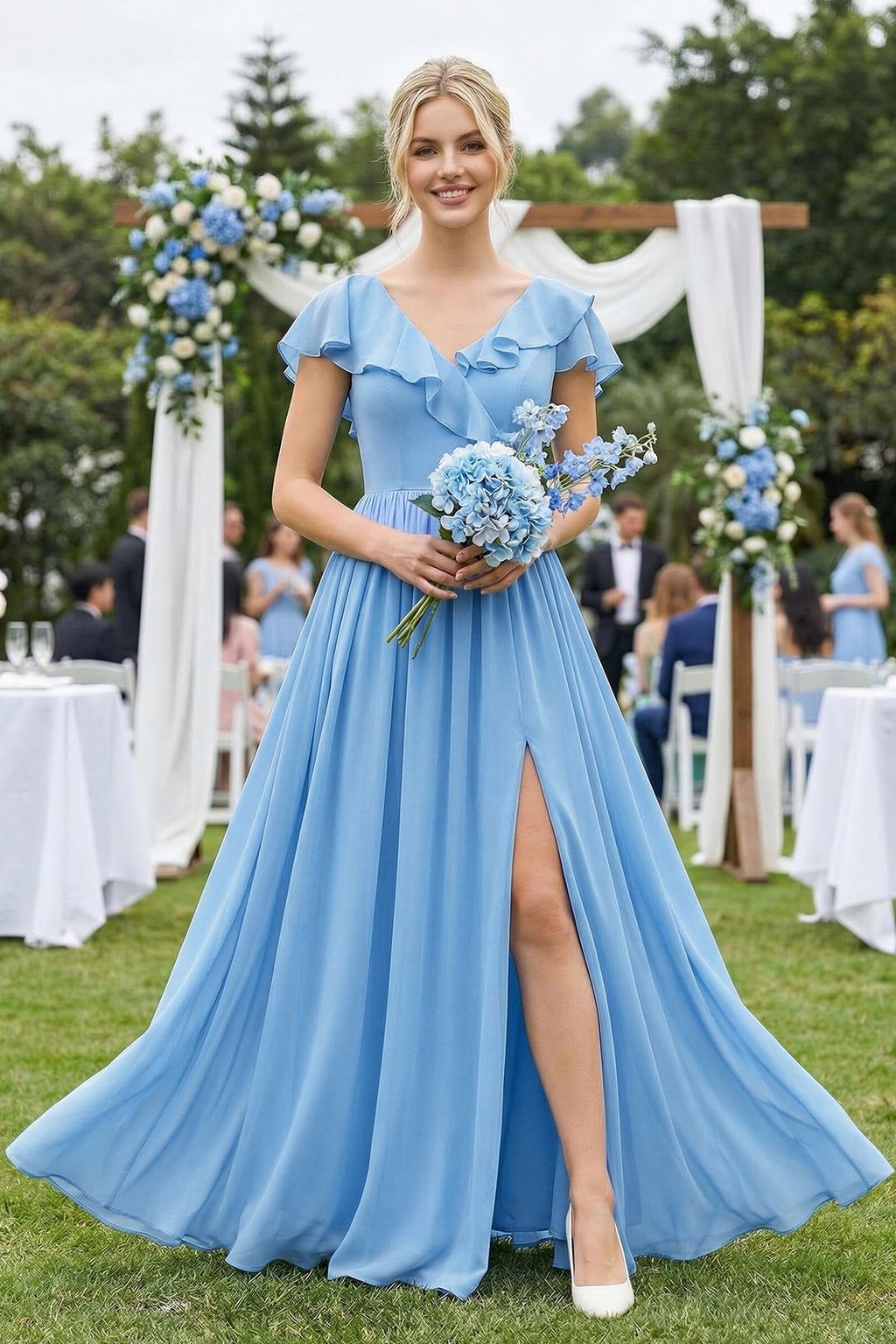 Cap Sleeve A-Line Ruffled Chiffon Bridesmaid Dress in Steel Blue - SHE IS ME BRIDESMAID DRESSES