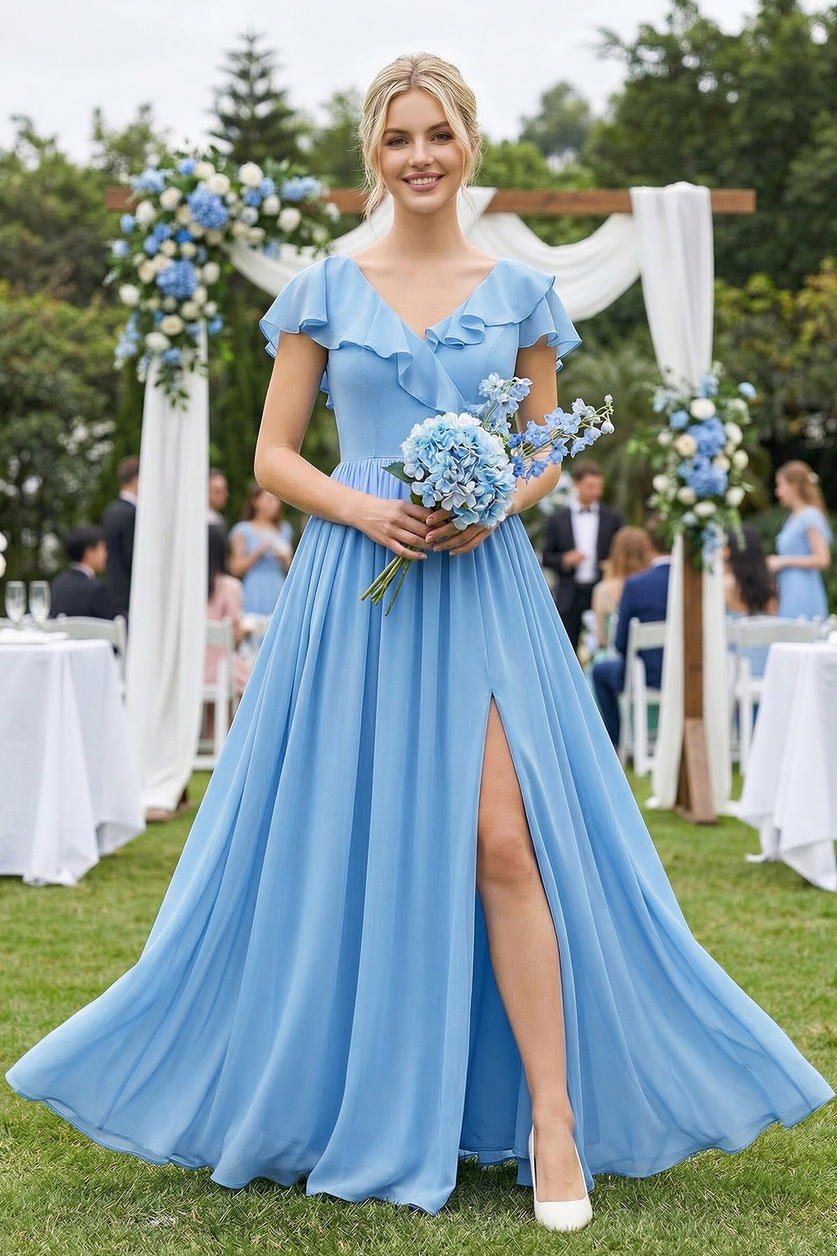 Cap Sleeve A-Line Ruffled Chiffon Bridesmaid Dress in Steel Blue - SHE IS ME BRIDESMAID DRESSES