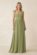 Cap Sleeve Corset A - Line Chiffon Bridesmaid Dress in Moss Green - SHE IS ME Bridesmaid Dresses