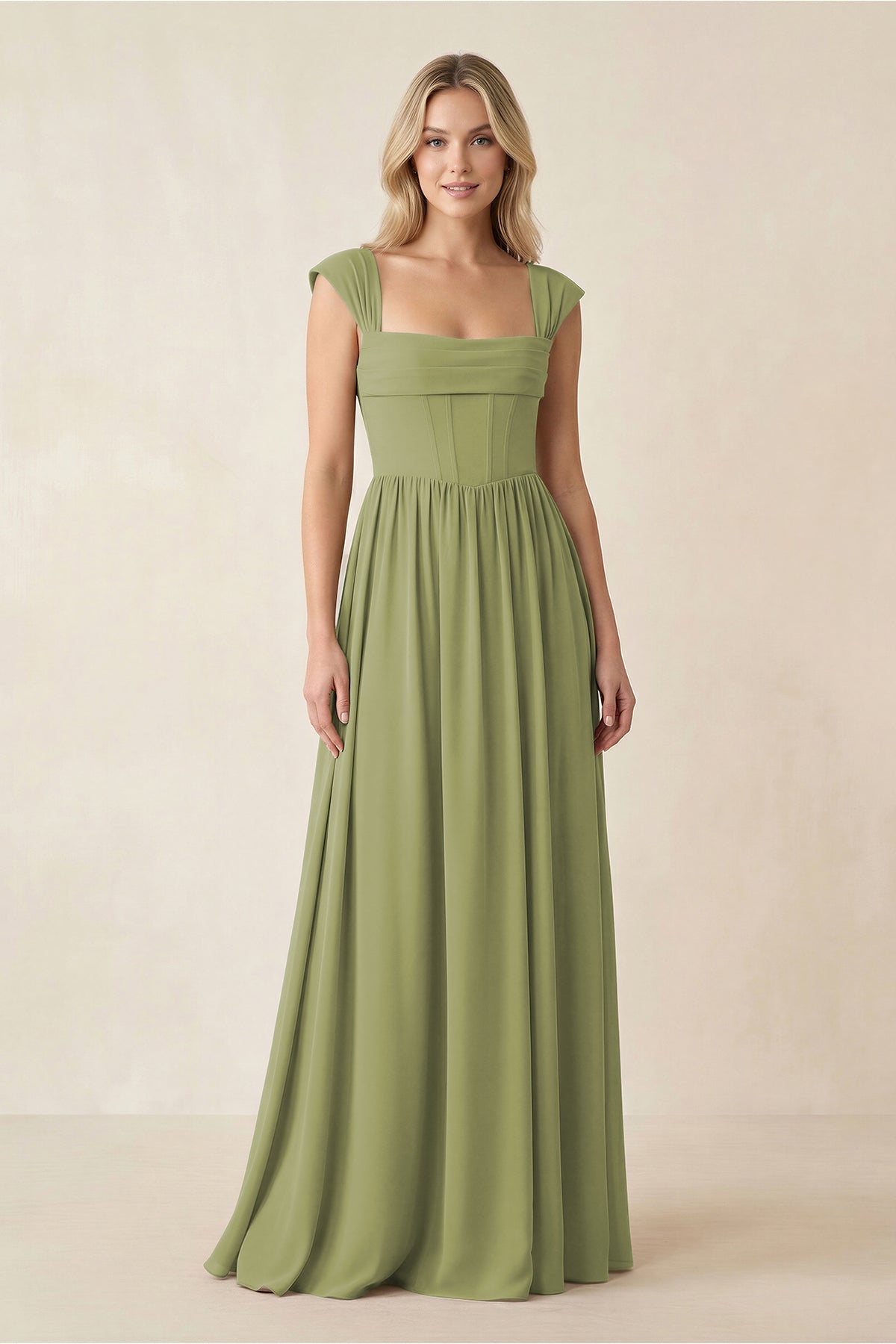 Cap Sleeve Corset A - Line Chiffon Bridesmaid Dress in Moss Green - SHE IS ME Bridesmaid Dresses