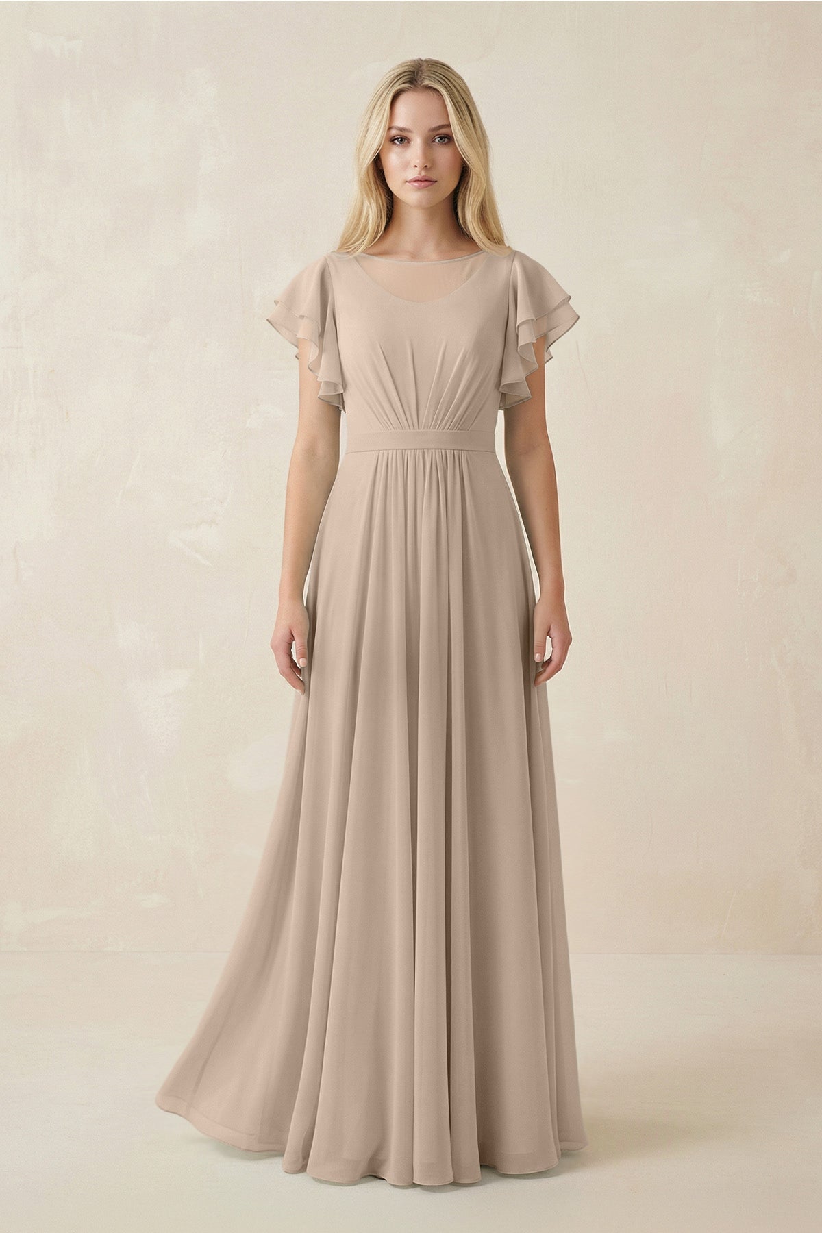 Cap Sleeve Ruffled A - Line Chiffon Bridesmaid Dress in Almond - SHE IS ME Bridesmaid Dresses