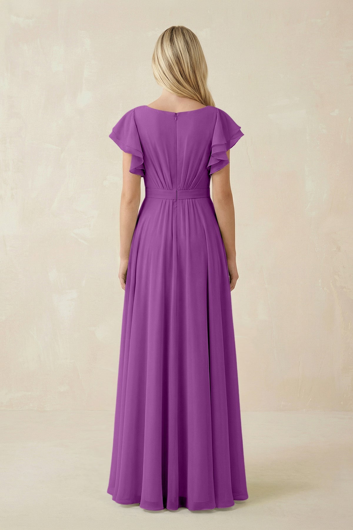 Cap Sleeve Ruffled A - Line Chiffon Bridesmaid Dress in Amethyst - SHE IS ME Bridesmaid Dresses