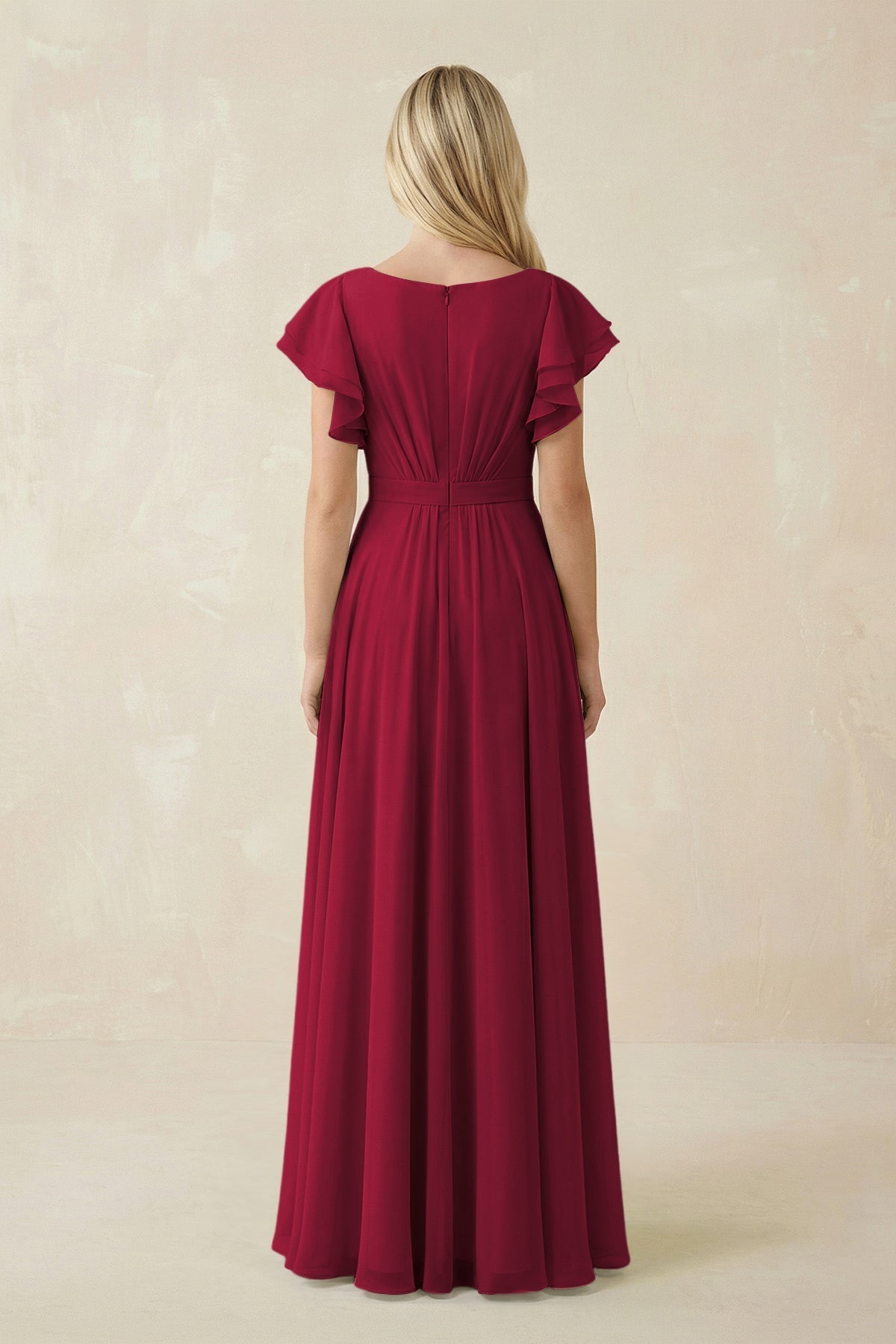 Cap Sleeve Ruffled A - Line Chiffon Bridesmaid Dress in Berry - SHE IS ME Bridesmaid Dresses