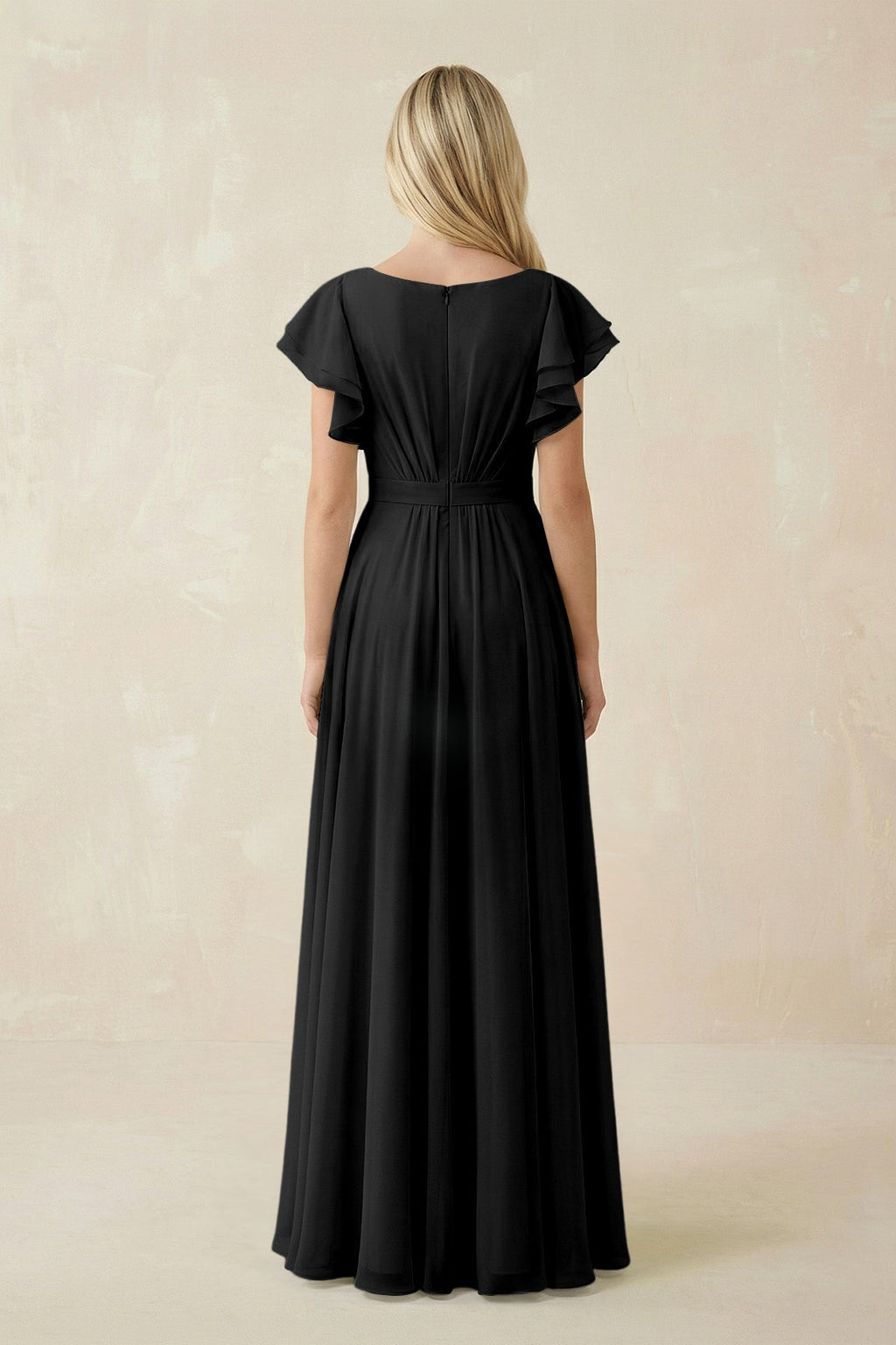 Cap Sleeve Ruffled A - Line Chiffon Bridesmaid Dress in Black - SHE IS ME Bridesmaid Dresses