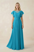 Cap Sleeve Ruffled A - Line Chiffon Bridesmaid Dress in Blue Jay - SHE IS ME Bridesmaid Dresses