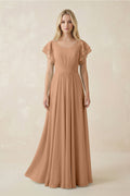 Cap Sleeve Ruffled A - Line Chiffon Bridesmaid Dress in Bronzer - SHE IS ME Bridesmaid Dresses