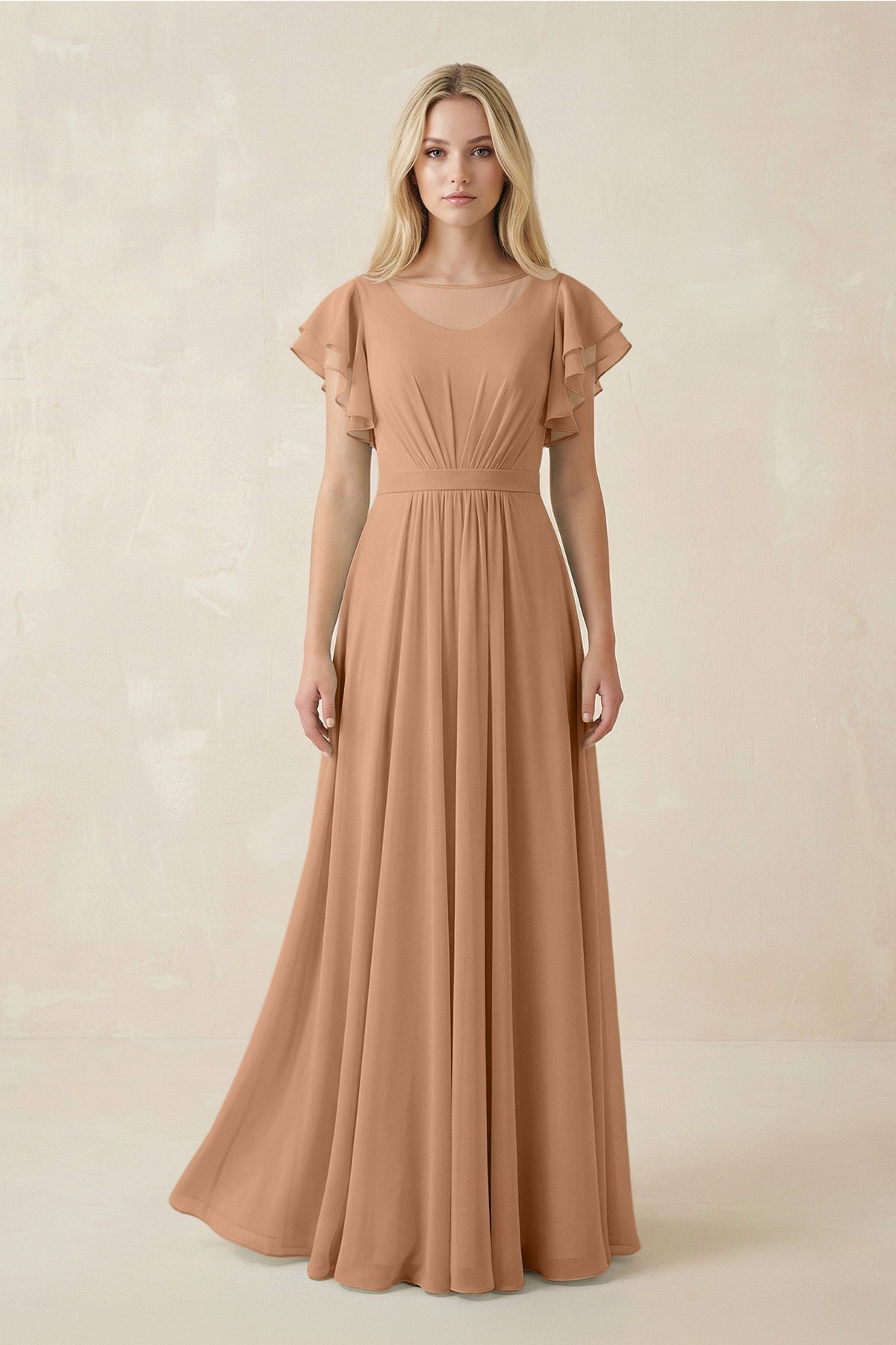 Cap Sleeve Ruffled A - Line Chiffon Bridesmaid Dress in Bronzer - SHE IS ME Bridesmaid Dresses