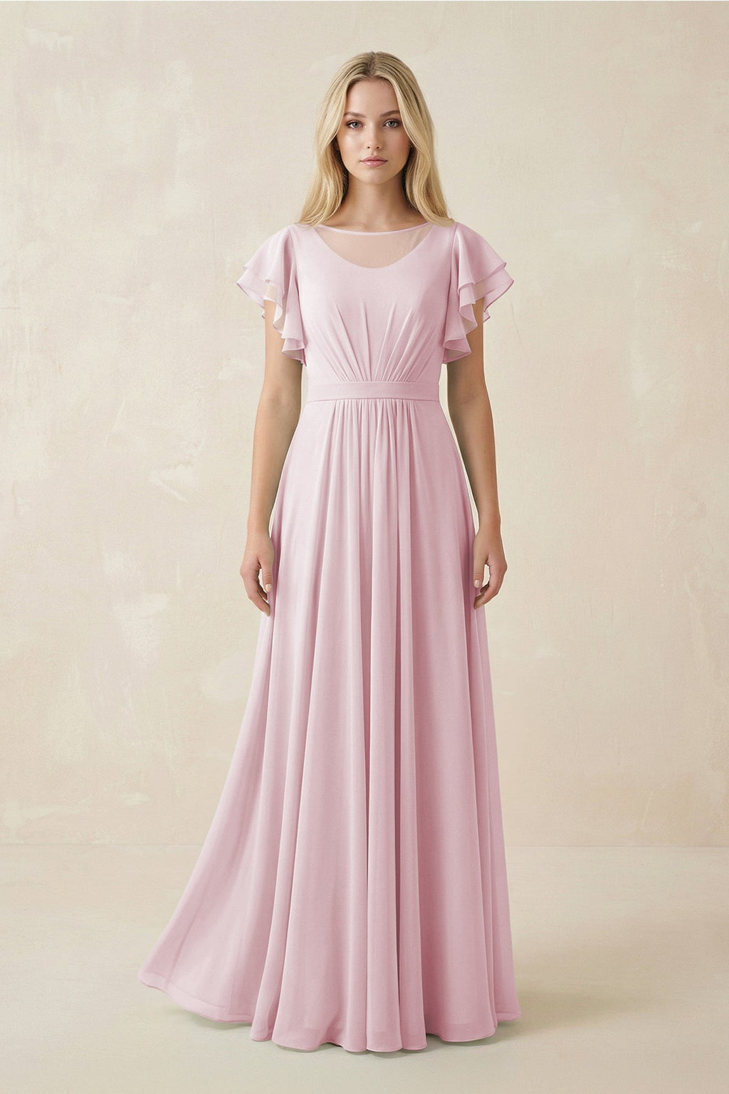 Cap Sleeve Ruffled A - Line Chiffon Bridesmaid Dress in Candy Pink - SHE IS ME Bridesmaid Dresses