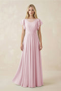 Cap Sleeve Ruffled A - Line Chiffon Bridesmaid Dress in Candy Pink - SHE IS ME Bridesmaid Dresses