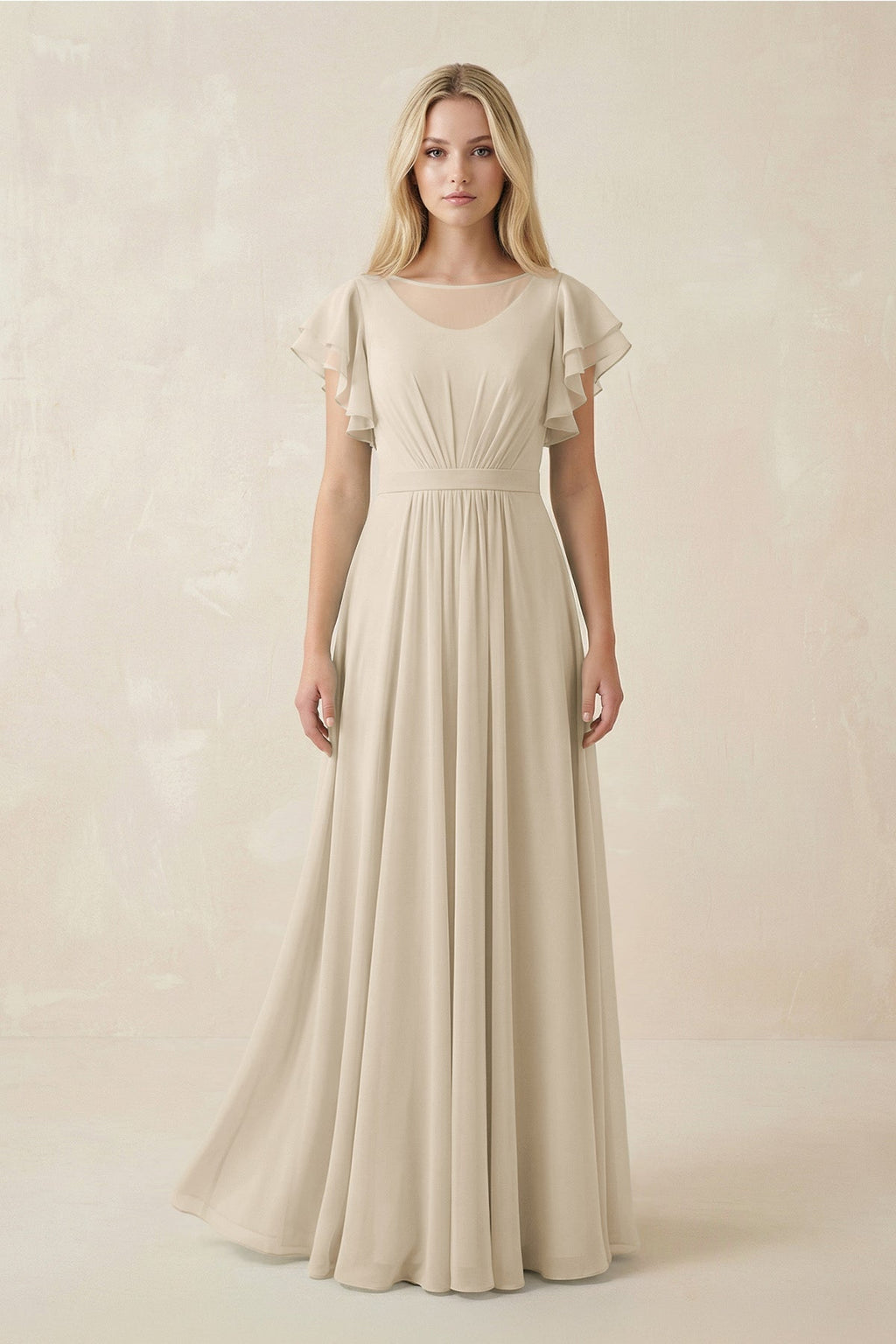 Cap Sleeve Ruffled A - Line Chiffon Bridesmaid Dress in Champagne - SHE IS ME Bridesmaid Dresses