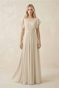 Cap Sleeve Ruffled A - Line Chiffon Bridesmaid Dress in Champagne - SHE IS ME Bridesmaid Dresses