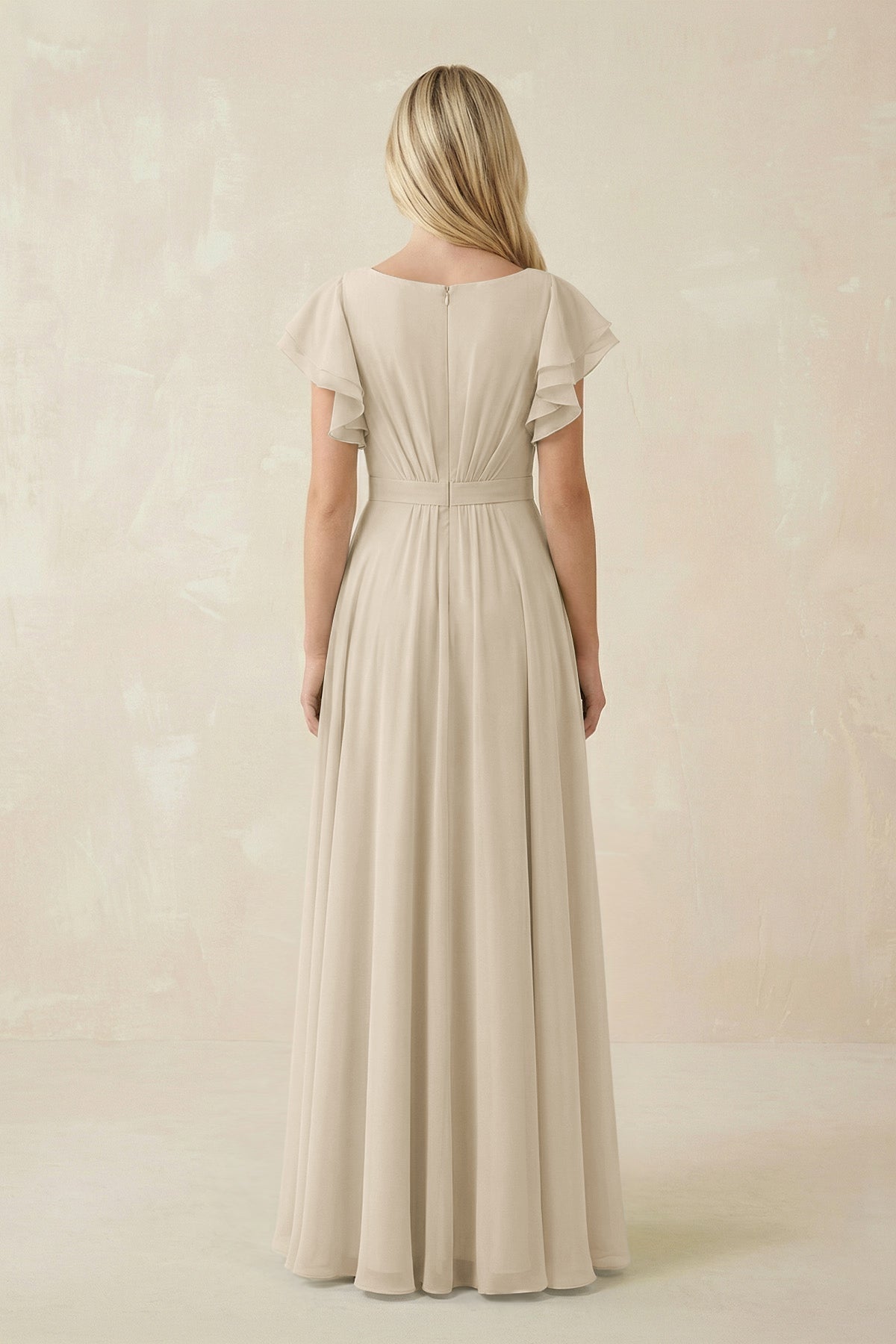 Cap Sleeve Ruffled A - Line Chiffon Bridesmaid Dress in Champagne - SHE IS ME Bridesmaid Dresses