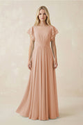 Cap Sleeve Ruffled A - Line Chiffon Bridesmaid Dress in Champagne Rose - SHE IS ME Bridesmaid Dresses