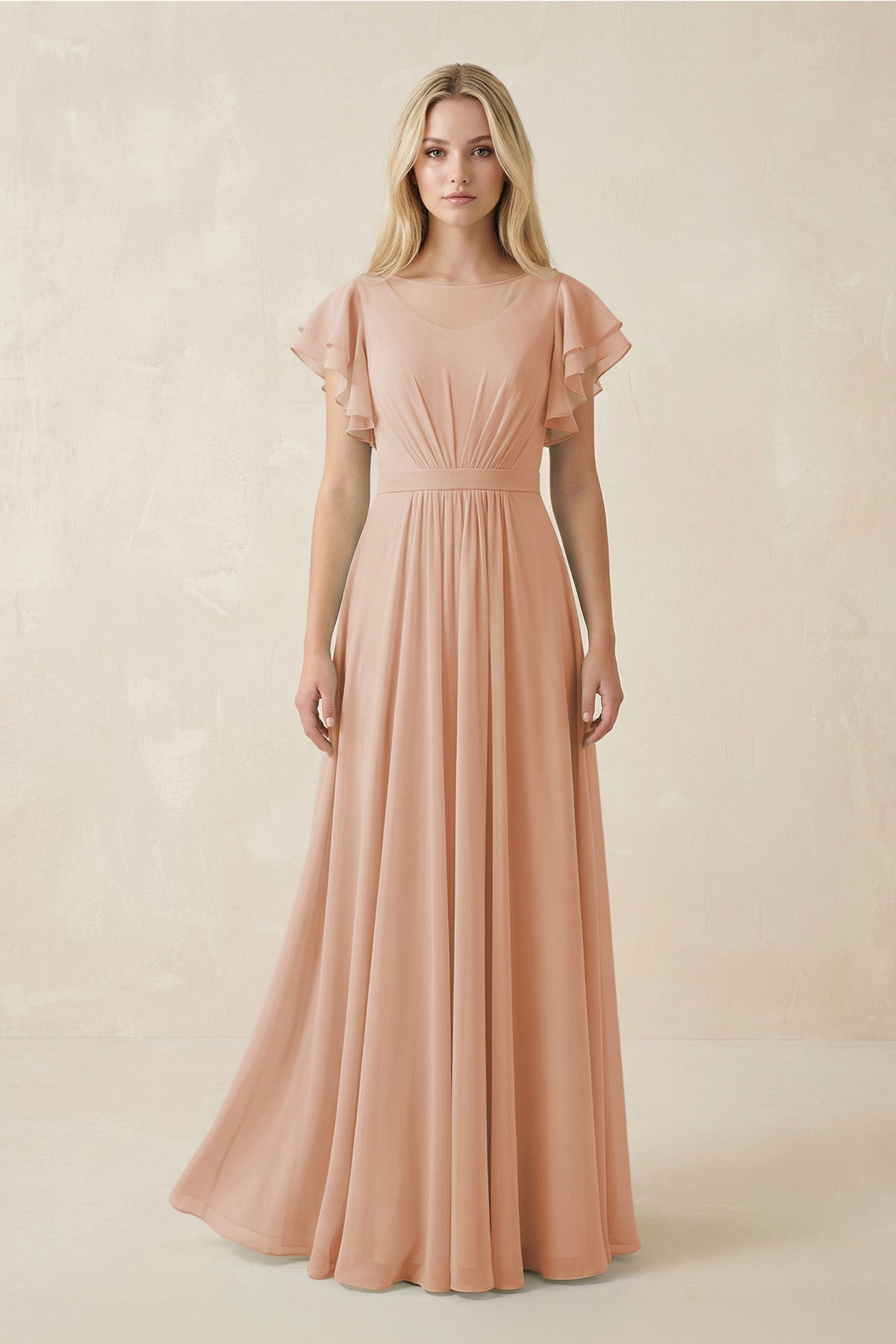 Cap Sleeve Ruffled A - Line Chiffon Bridesmaid Dress in Champagne Rose - SHE IS ME Bridesmaid Dresses