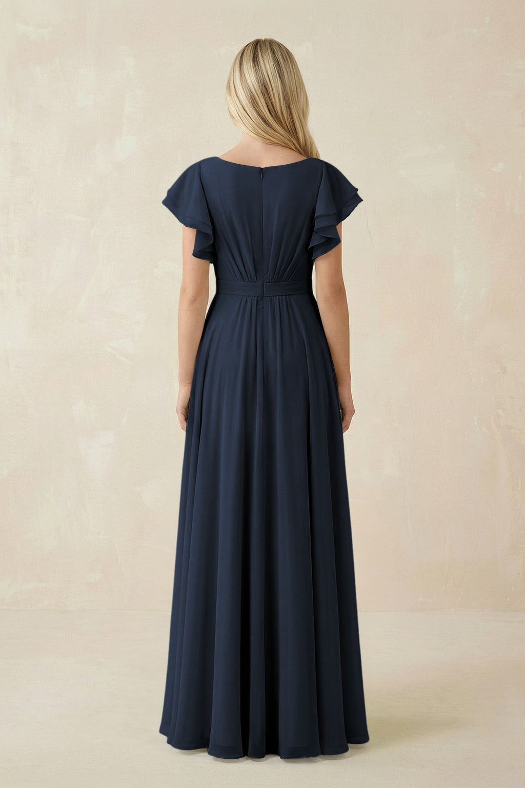 Cap Sleeve Ruffled A - Line Chiffon Bridesmaid Dress in Dark Navy - SHE IS ME Bridesmaid Dresses