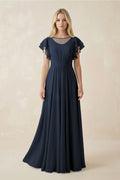 Cap Sleeve Ruffled A - Line Chiffon Bridesmaid Dress in Dark Navy - SHE IS ME Bridesmaid Dresses