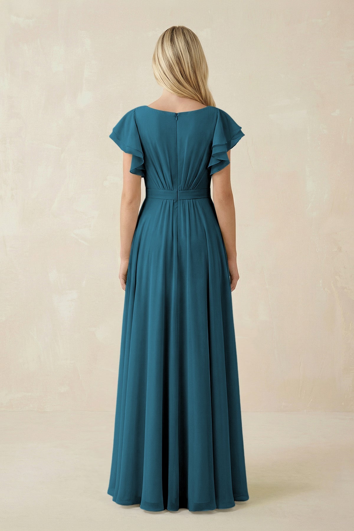 Cap Sleeve Ruffled A - Line Chiffon Bridesmaid Dress in Dark Teal - SHE IS ME Bridesmaid Dresses