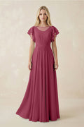 Cap Sleeve Ruffled A - Line Chiffon Bridesmaid Dress in Desert Rose - SHE IS ME Bridesmaid Dresses